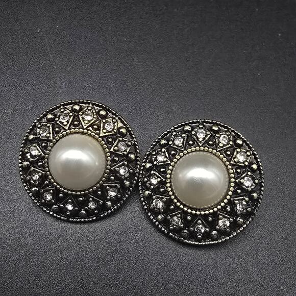 Faux Pearl Rhinestone Medallion Earrings Clip On Bronze Vintage Jewelry - Picture 1 of 6